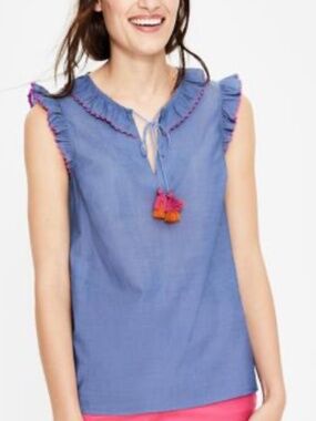 Boden Blue Sleeveless Ruffled Collar Keyhole Blouse Sz 10